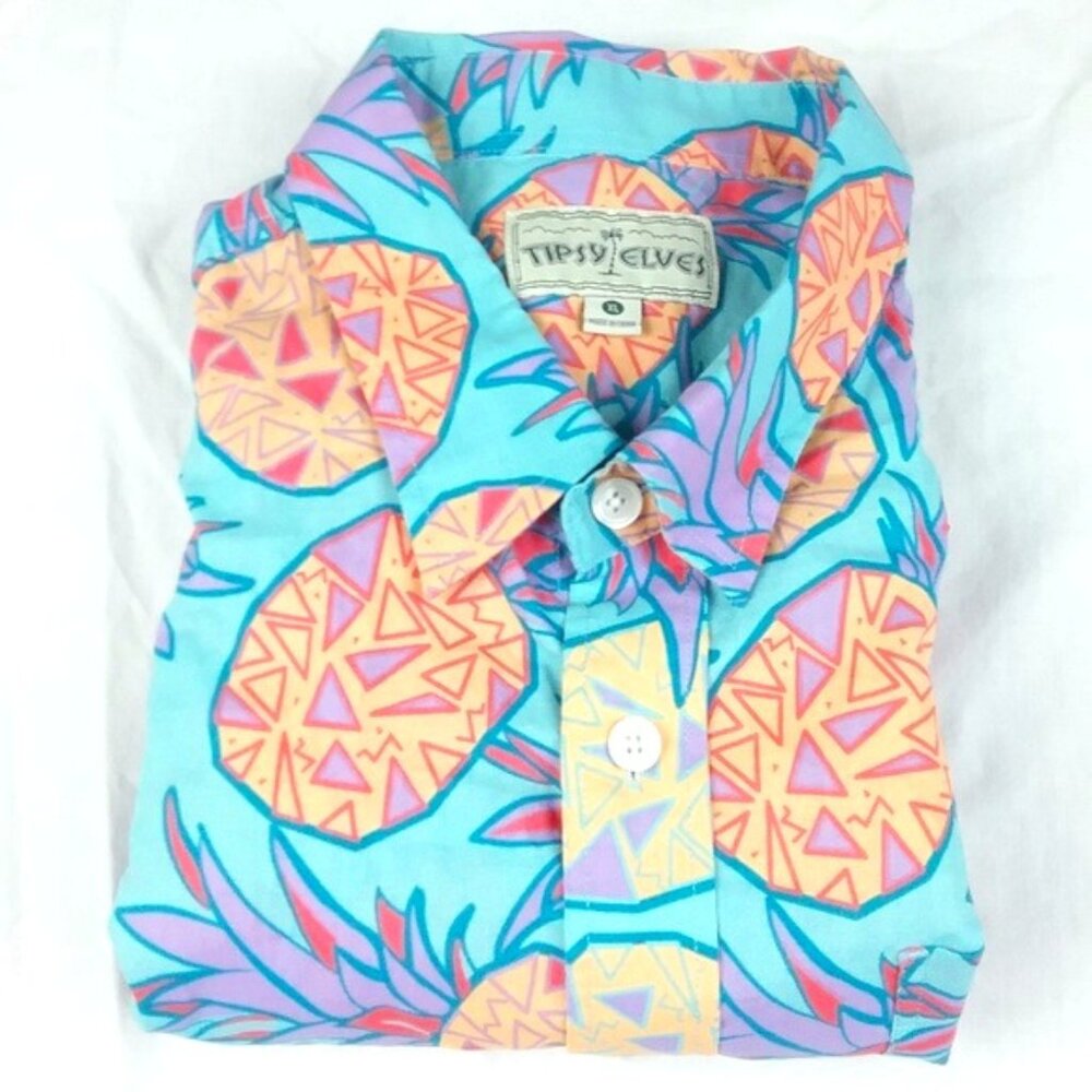 Tipsy Elves Hawaiian Button Up Shirt Men's XL Blue Pineapple Print Preppy